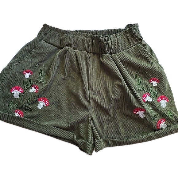 Mushroom Embroidered Corduroy Shorts Elastic Waist Pockets Womens Sz XL - Picture 1 of 7